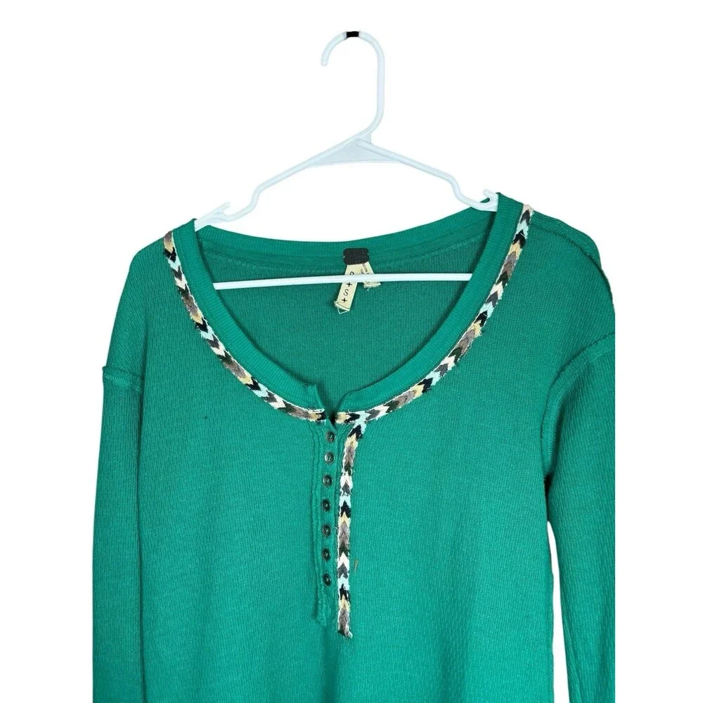 We The Free Free People Women’s Small Green Waffle Southwest Henley Thermal Boho